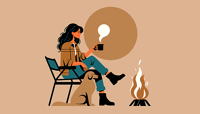 전신 한마리 여자 반려견 커피 의자 일러스트 휴식 한명 들기 앉기 성인 야외 갈색 머그컵 다리꼬기 포근함 모닥불 성인여자한명만 국내일러스트 AI파일 1 음료 컬러 가구 컨셉 모션 불 사람 컵 반려동물 감각 개 여자한명만 성인여자만 파일형식 벡터