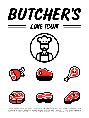 아이콘 남자 뼈 요리사모자 생고기 육류 스테이크 한명 성인 빨간색 앞치마 소고기 라인아이콘 양고기 마블링 정육점 성인남자한명만 2D아이콘 AI파일 모자_잡화 1 컬러 식재료 서양음식 사람 상점 요리사 남자한명만 성인남자만 파일형식 벡터