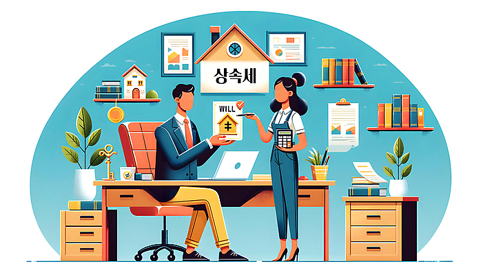 JPG 여자 남자 백그라운드 의자 일러스트 주택 들기 앉기 성인 두명 책 계산기 가리킴 책상 디지털합성 문서 법 건축모형 세금 성인만 편집소스 상속세 국내일러스트 AI일러스트 AI콘텐츠 가구 모션 문구용품 사람 손짓 건물 모형 장비 파일형식