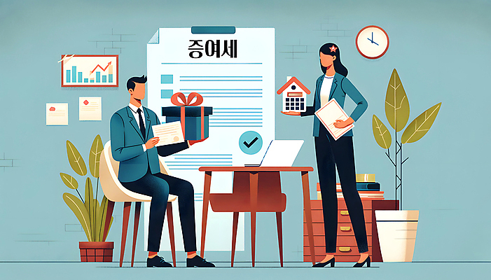 JPG 여자 남자 백그라운드 의자 일러스트 서기 들기 앉기 성인 두명 선물상자 책상 디지털합성 문서 법 건축모형 세금 성인만 편집소스 증여세 국내일러스트 AI일러스트 AI콘텐츠 가구 모션 선물 사람 상자 모형 파일형식