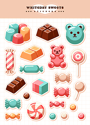 스티커 일러스트 곰 화이트데이 디저트 막대사탕 사탕 사람없음 세트 초콜릿 젤리 푸딩 초코볼 엘리먼트 아기자기 국내일러스트 AI파일 동물 음식 컨셉 포유류 데이이벤트 파일형식 벡터