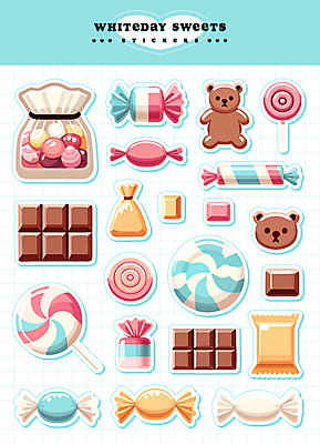 스티커 일러스트 곰 화이트데이 디저트 막대사탕 사탕 사람없음 세트 초콜릿 주머니 젤리 엘리먼트 아기자기 국내일러스트 AI파일 동물 음식 컨셉 포유류 데이이벤트 파일형식 벡터
