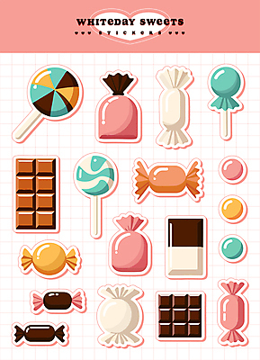 스티커 일러스트 화이트데이 디저트 막대사탕 사탕 사람없음 세트 초콜릿 젤리 엘리먼트 화이트초콜릿 아기자기 국내일러스트 AI파일 음식 컨셉 데이이벤트 파일형식 벡터