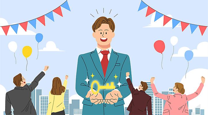 전신 구름 여자 남자 일러스트 성공 열쇠 직장 들기 여러명 상반신 성인 만세 직장인 조직 그룹 동료 리더 풍선 가랜드 성인만 국내일러스트 AI파일 자연요소 직업 다수 컨셉 회사 관계 모션 사람 파티용품 파일형식 벡터