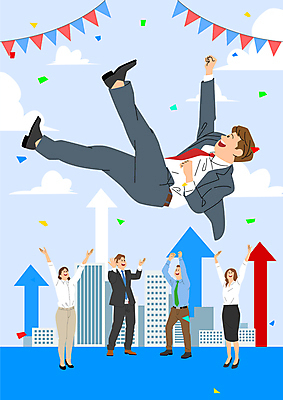 전신 구름 여자 남자 화살표 일러스트 성공 직장 여러명 성인 만세 축하 도시 직장인 조직 그룹 동료 리더 상승 꽃가루 가랜드 헹가래 성인만 국내일러스트 AI파일 자연요소 직업 다수 컨셉 회사 관계 모션 사람 가루 파티용품 파일형식 벡터