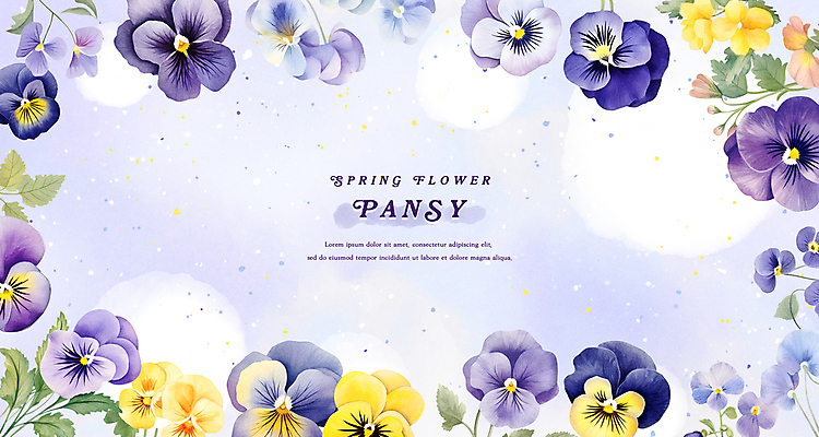 PSD 백그라운드 잎 일러스트 수채화 프레임 사람없음 보라색 봄 팬지 국내일러스트 식물 계절 꽃 컬러 파일형식