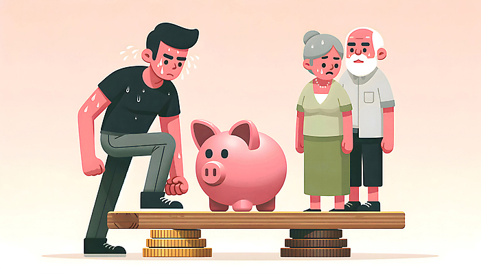 JPG 전신 여자 할아버지 노년 남자 할머니 백그라운드 일러스트 성인 세명 동전 돼지저금통 디지털합성 땀 오르기 부담 연금 힘듦 편집소스 국내일러스트 AI일러스트 AI콘텐츠 컨셉 돈 모션 사람 저금통 파일형식