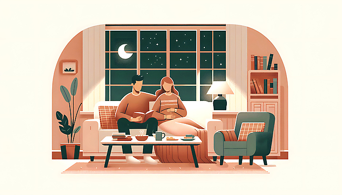 JPG 전신 여자 남자 행복 화분 화초 백그라운드 쿠션 의자 일러스트 창문 가족 탁자 전등 책장 앉기 성인 두명 책 소파 독서 임신 달 커튼 출산 야간 담요 디지털합성 성인만 편집소스 국내일러스트 AI일러스트 AI콘텐츠 자연요소 식물 감정 가구 관계 모션 조명 사람 파일형식