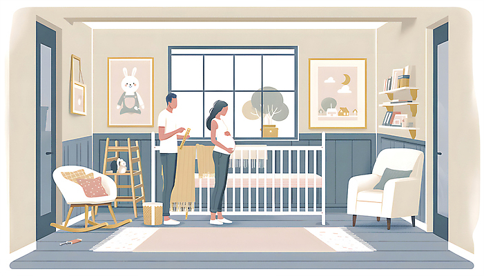 JPG 전신 여자 남자 행복 액자 백그라운드 일러스트 창문 가족 선반 성인 두명 소파 노란색 문 카펫 임신 침대 출산 디지털합성 흔들의자 꾸미기 아이방 성인만 편집소스 국내일러스트 AI일러스트 AI콘텐츠 감정 컬러 가구 의자 관계 사람 방 파일형식