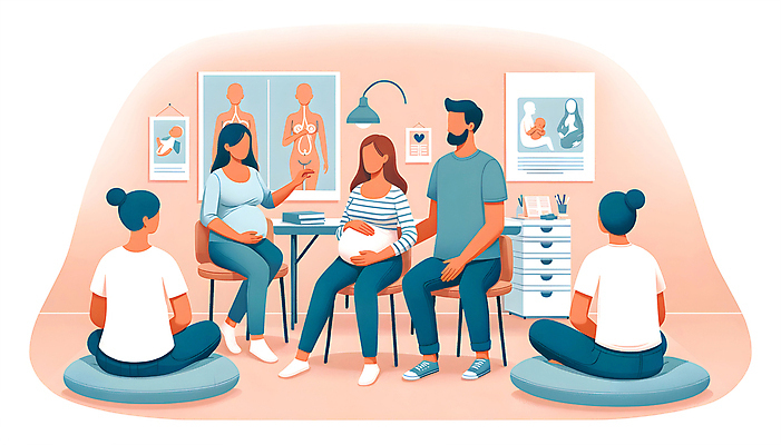 JPG 전신 여자 교육 남자 백그라운드 쿠션 의자 일러스트 가족 전등 여러명 성인 두명 주황색 임신 출산 스마트 디지털합성 서랍장 클리닉 세미나 편집소스 국내일러스트 AI일러스트 AI콘텐츠 컬러 가구 다수 컨셉 관계 조명 사람 파일형식