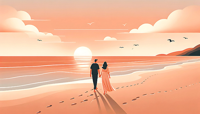 JPG 전신 구름 여자 남자 행복 모래 백그라운드 일러스트 가족 조류 성인 해변 두명 태양 노을 주황색 산책 임신 출산 디지털합성 성인만 편집소스 국내일러스트 AI일러스트 AI콘텐츠 자연요소 동물 감정 바다 컬러 관계 휴식 사람 파일형식