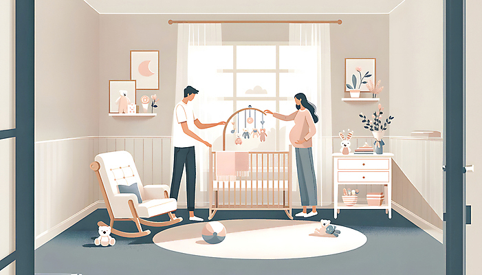 JPG 전신 여자 남자 행복 화초 액자 백그라운드 일러스트 창문 가족 성인 두명 장난감 카펫 임신 회색 침대 커튼 출산 디지털합성 서랍장 모빌 흔들의자 아이방 성인만 편집소스 국내일러스트 AI일러스트 AI콘텐츠 식물 감정 컬러 가구 의자 관계 사람 방 아기용품 파일형식