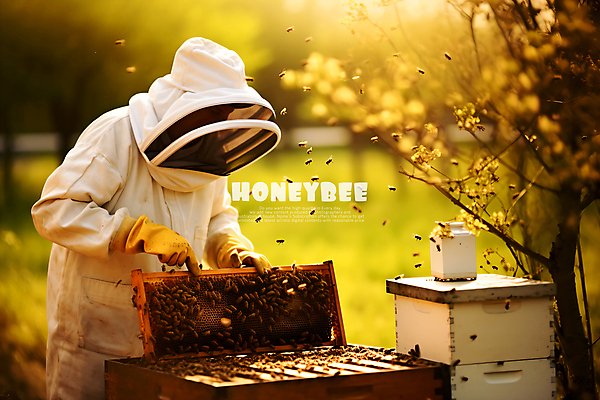 PSD 나무 편집이미지 장갑 백그라운드 한명 들기 사람 상반신 성인 타이포그라피 노란색 꿀벌 벌집 양봉 양봉장 성인한명만 이미지편집 식물 문자 1 잡화 컬러 모션 벌_곤충 성인만 파일형식