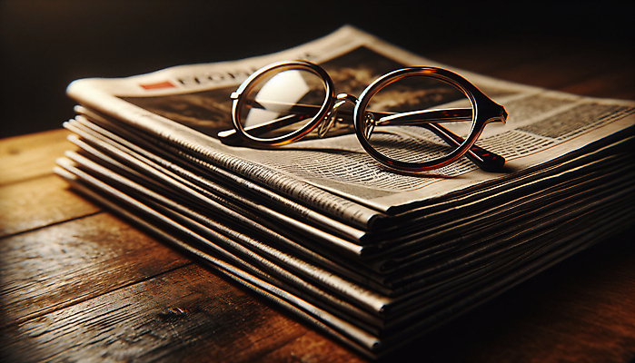 JPG 편집이미지 안경 사람없음 정보 신문 뉴스 전달 나무바닥 이슈 소식_알림 편집실사 AI컴퓨터그래픽 AI콘텐츠 잡화 컨셉 바닥 간행물 CG 파일형식