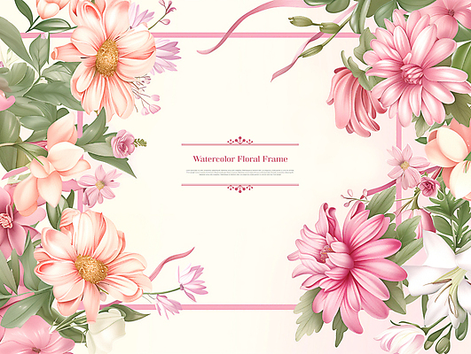 PSD 템플릿 꽃 리본 분홍색 수채화 프레임 사람없음 봄 풀잎 카피스페이스 이미지템플릿 식물 계절 컬러 잎 공백 풀_식물 파일형식