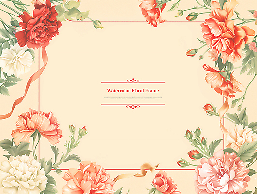 PSD 템플릿 꽃 리본 수채화 프레임 사람없음 빨간색 봄 풀잎 카피스페이스 이미지템플릿 식물 계절 컬러 잎 공백 풀_식물 파일형식