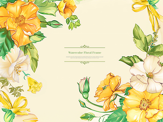 PSD 템플릿 꽃 수채화 프레임 사람없음 노란색 봄 풀잎 카피스페이스 이미지템플릿 식물 계절 컬러 잎 공백 풀_식물 파일형식