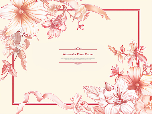 PSD 템플릿 꽃 리본 분홍색 수채화 프레임 사람없음 봄 풀잎 카피스페이스 이미지템플릿 식물 계절 컬러 잎 공백 풀_식물 파일형식