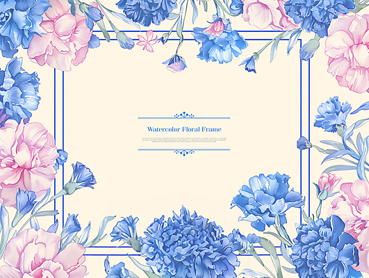 PSD 템플릿 꽃 분홍색 수채화 프레임 사람없음 파란색 봄 풀잎 카피스페이스 이미지템플릿 식물 계절 컬러 잎 공백 풀_식물 파일형식