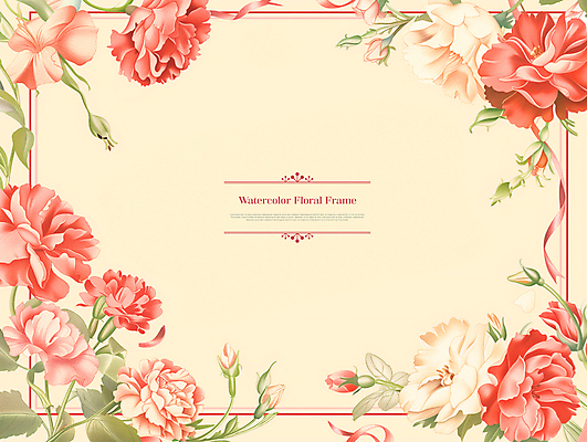 PSD 템플릿 꽃 리본 수채화 프레임 사람없음 빨간색 봄 풀잎 카피스페이스 이미지템플릿 식물 계절 컬러 잎 공백 풀_식물 파일형식