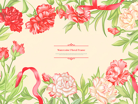 PSD 템플릿 꽃 리본 수채화 프레임 사람없음 빨간색 봄 풀잎 카피스페이스 이미지템플릿 식물 계절 컬러 잎 공백 풀_식물 파일형식