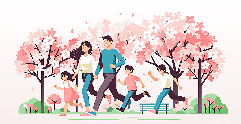 전신 공원 여자 남자 딸 행복 아들 어린이 분홍색 일러스트 봄꽃 엄마 소녀 소년 여러명 성인 달리기 아빠 벚나무 꽃축제 봄축제 국내일러스트 AI파일 나무 공공시설 꽃 감정 컬러 다수 가족 모션 사람 축제 봄 벚꽃 파일형식 벡터