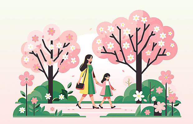 전신 원피스 여자 딸 행복 어린이 분홍색 가방 일러스트 봄꽃 엄마 소녀 성인 두명 걷기 산책 풀잎 벚나무 꽃축제 여자만 봄축제 국내일러스트 AI파일 나무 잡화 옷 꽃 감정 컬러 잎 가족 모션 휴식 사람 축제 봄 벚꽃 풀_식물 파일형식 벡터