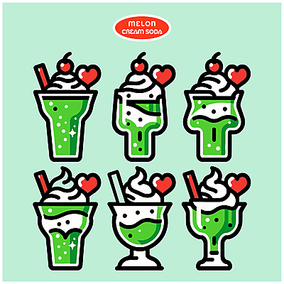일러스트 빨대 사람없음 초록색 하트 체리 달콤 크림 메론소다 민트색 소다 에이드 탄산 국내일러스트 AI파일 모양 음료 컬러 과일 맛 파일형식 벡터