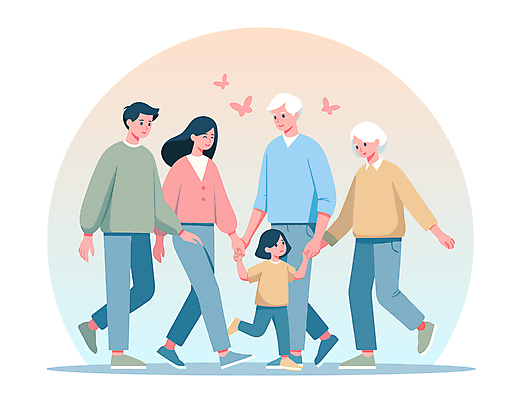 전신 캐릭터 부부 여자 할아버지 노년 남자 할머니 어린이 나비 일러스트 가정 엄마 사람 소녀 여러명 성인 손잡기 노부부 아빠 가정의달 국내일러스트 일러캐릭터 AI파일 커플 다수 곤충 가족 모션 5월 파일형식 벡터