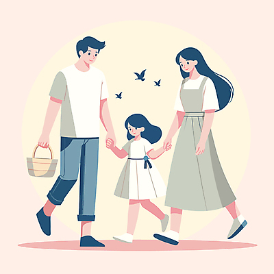 전신 캐릭터 부부 여자 남자 딸 어린이 가방 일러스트 가정 엄마 사람 소녀 성인 세명 손잡기 아빠 비둘기 가정의달 국내일러스트 일러캐릭터 AI파일 커플 잡화 가족 모션 조류 5월 파일형식 벡터