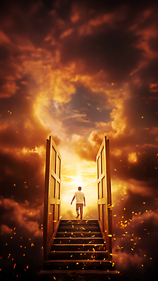 JPG 전신 구름 편집이미지 남자 길 하늘 한명 사람 성인 빛 문 계단 주황색 희망 신비 입장 천국 성인남자한명만 이미지편집 편집실사 AI컴퓨터그래픽 AI콘텐츠 자연요소 1 감정 컬러 컨셉 CG 남자한명만 성인남자만 파일형식