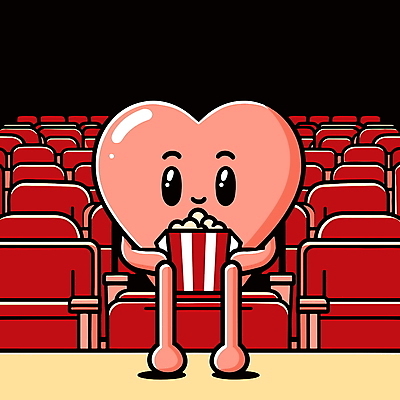 일러스트 앉기 사람없음 하트 영화관 영화 만족 팝콘 혼자 하트캐릭터 일러캐릭터 AI파일 모양 캐릭터 감정 모션 문화예술 극장 파일형식 벡터