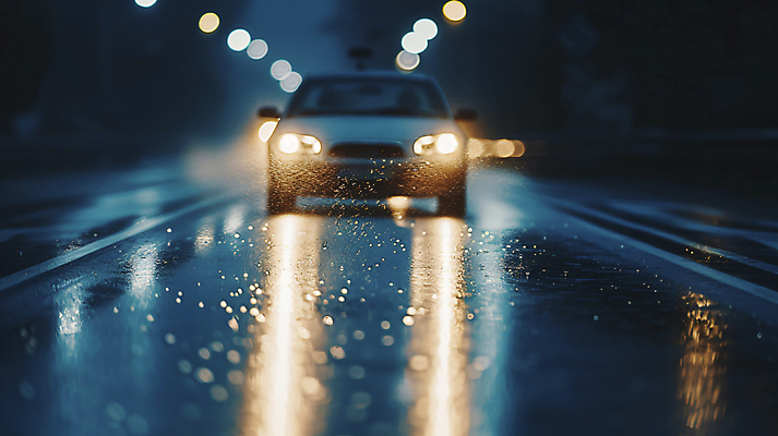 JPG 편집이미지 도로 자동차 사람없음 반사 드라이브 운전 비 전조등 디지털합성 장마 편집실사 AI포토 AI콘텐츠 자연요소 길 육상교통 교통시설 모션 날씨 조명 비_날씨 CG 파일형식