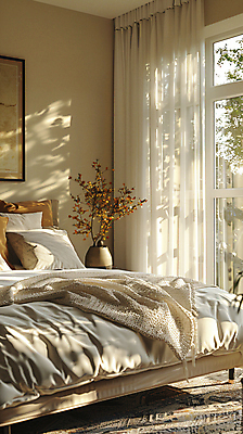 JPG 편집이미지 라이프스타일 여행 창문 호텔 휴식 사람없음 여름휴가 이불 침대 커튼 디지털합성 힐링 호캉스 편집실사 AI포토 AI콘텐츠 가구 컨셉 침구 숙소 휴가 생활 바캉스 CG 파일형식 여름_계절