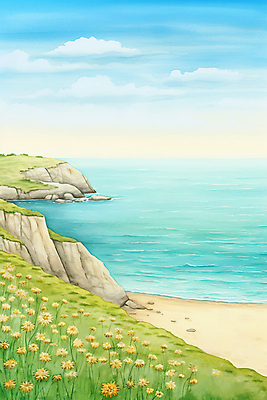 JPG 구름 바다 백그라운드 일러스트 하늘 수채화 풍경 사람없음 모래사장 봄풍경 봄 절벽 들꽃 국내일러스트 AI일러스트 AI콘텐츠 자연요소 계절 꽃 파일형식