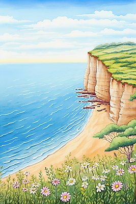 JPG 구름 바다 백그라운드 일러스트 하늘 수채화 풍경 사람없음 모래사장 봄풍경 봄 절벽 들꽃 국내일러스트 AI일러스트 AI콘텐츠 자연요소 계절 꽃 파일형식