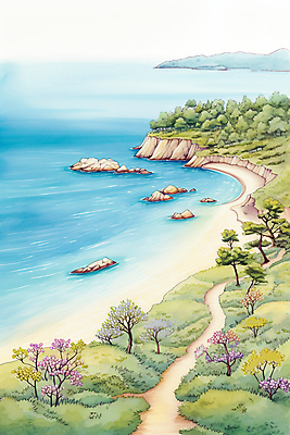 JPG 나무 구름 바다 백그라운드 일러스트 하늘 수채화 꽃나무 풍경 사람없음 모래사장 봄풍경 봄 국내일러스트 AI일러스트 AI콘텐츠 자연요소 식물 계절 꽃 파일형식