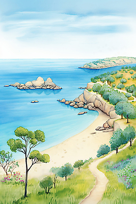 JPG 나무 구름 바다 백그라운드 일러스트 하늘 수채화 풍경 사람없음 모래사장 봄풍경 봄 국내일러스트 AI일러스트 AI콘텐츠 자연요소 식물 계절 파일형식