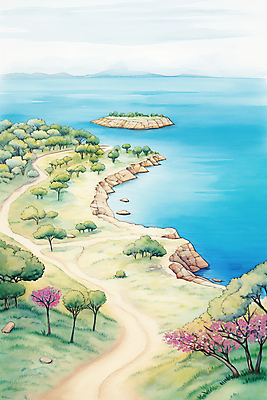 JPG 나무 구름 바다 백그라운드 일러스트 하늘 수채화 꽃나무 풍경 사람없음 모래사장 봄풍경 봄 국내일러스트 AI일러스트 AI콘텐츠 자연요소 식물 계절 꽃 파일형식