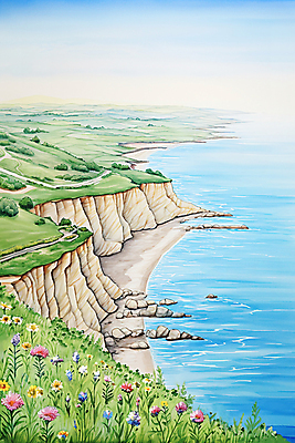 JPG 구름 바다 백그라운드 일러스트 하늘 수채화 풍경 사람없음 모래사장 봄풍경 봄 절벽 들꽃 국내일러스트 AI일러스트 AI콘텐츠 자연요소 계절 꽃 파일형식