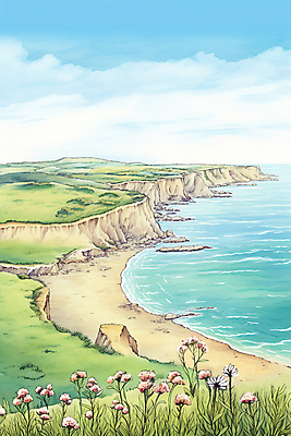 JPG 구름 바다 백그라운드 일러스트 하늘 수채화 풍경 사람없음 모래사장 봄풍경 봄 절벽 들꽃 국내일러스트 AI일러스트 AI콘텐츠 자연요소 계절 꽃 파일형식