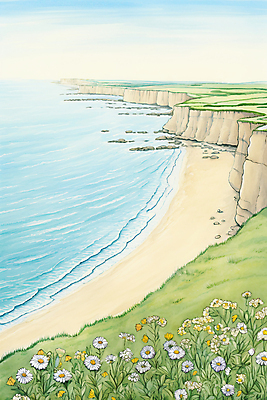 JPG 구름 바다 백그라운드 일러스트 하늘 수채화 풍경 사람없음 모래사장 봄풍경 봄 절벽 들꽃 국내일러스트 AI일러스트 AI콘텐츠 자연요소 계절 꽃 파일형식