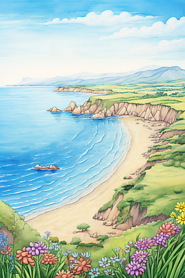 JPG 구름 바다 백그라운드 일러스트 하늘 수채화 풍경 사람없음 모래사장 봄풍경 봄 절벽 들꽃 국내일러스트 AI일러스트 AI콘텐츠 자연요소 계절 꽃 파일형식