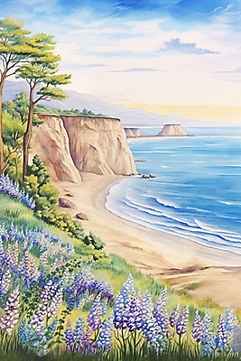 JPG 나무 구름 바다 백그라운드 일러스트 하늘 수채화 풍경 사람없음 모래사장 봄풍경 봄 절벽 들꽃 국내일러스트 AI일러스트 AI콘텐츠 자연요소 식물 계절 꽃 파일형식