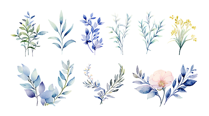 식물 꽃 잎 일러스트 수채화 사람없음 파란색 다양 엘리먼트 편집소스 국내일러스트 AI파일 컬러 다수 파일형식 벡터
