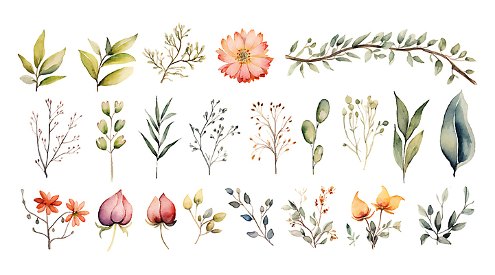 식물 꽃 줄기 잎 일러스트 수채화 사람없음 다양 엘리먼트 편집소스 국내일러스트 AI파일 다수 파일형식 벡터