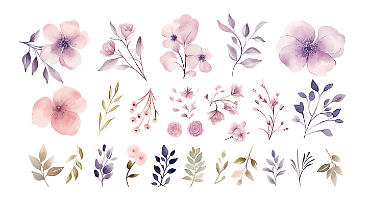 식물 꽃 잎 일러스트 수채화 사람없음 보라색 다양 엘리먼트 편집소스 국내일러스트 AI파일 컬러 다수 파일형식 벡터