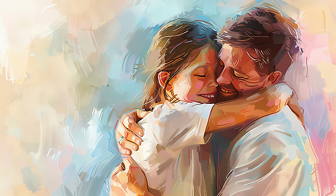 JPG 여자 남자 딸 행복 어린이 일러스트 가족 포옹 사랑 미소 소녀 성인 두명 아빠 부녀 국내일러스트 AI일러스트 AI콘텐츠 감정 관계 안기 표정 사람 파일형식