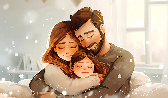 JPG 여자 남자 딸 행복 어린이 일러스트 가족 포옹 엄마 사랑 미소 소녀 성인 세명 아빠 국내일러스트 AI일러스트 AI콘텐츠 감정 관계 안기 표정 사람 파일형식