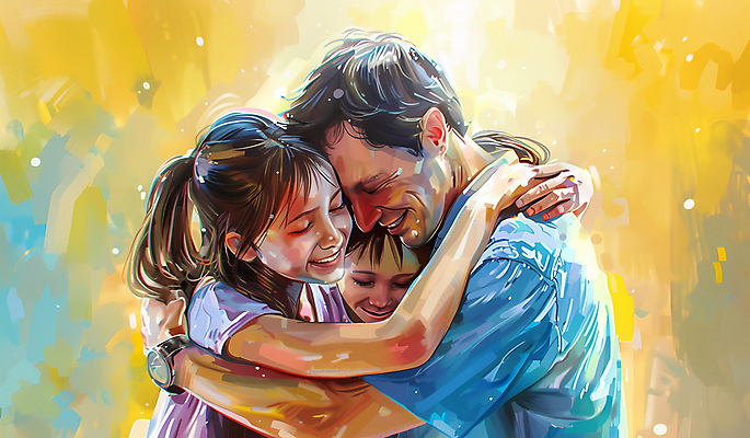 JPG 여자 남자 딸 행복 어린이 일러스트 가족 포옹 사랑 미소 소녀 성인 세명 아빠 부녀 국내일러스트 AI일러스트 AI콘텐츠 감정 관계 안기 표정 사람 파일형식